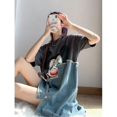 纯棉特大码300斤牛仔拼接纯棉短袖t恤女  服裝批發女裝批發服飾貨源