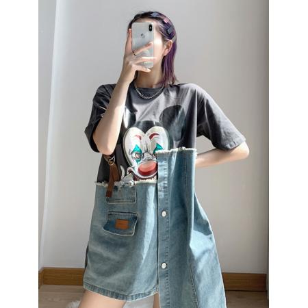 纯棉特大码300斤牛仔拼接纯棉短袖t恤女  服裝批發女裝批發服飾貨源