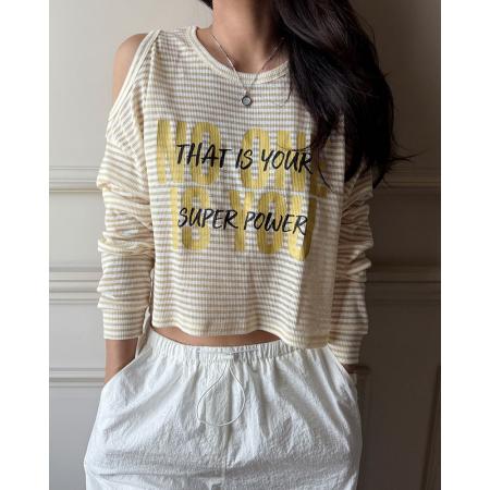 韩国chic设计感字母印花镂空肩长袖T恤女早秋减龄宽松休闲上衣  服裝批發女裝批發服飾貨源