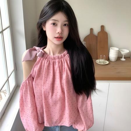 设计新款长袖衬衫夏季宽松显瘦别致减龄系带泡泡短款上衣露肩  服裝批發女裝批發服飾貨源
