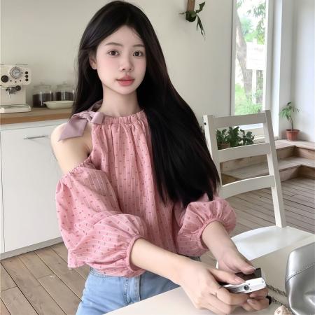 设计新款长袖衬衫夏季宽松显瘦别致减龄系带泡泡短款上衣露肩  服裝批發女裝批發服飾貨源