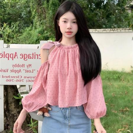 设计新款长袖衬衫夏季宽松显瘦别致减龄系带泡泡短款上衣露肩  服裝批發女裝批發服飾貨源