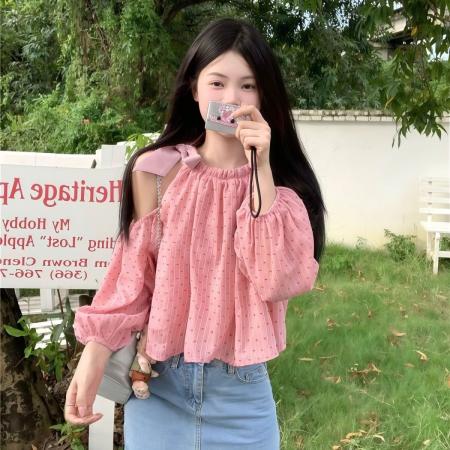 设计新款长袖衬衫夏季宽松显瘦别致减龄系带泡泡短款上衣露肩  服裝批發女裝批發服飾貨源