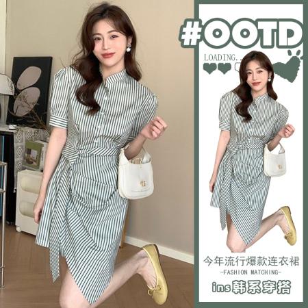 大码时尚设计感小众气质连衣短裙法式茶歇条纹不规则衬衫裙女夏季  服裝批發女裝批發服飾貨源