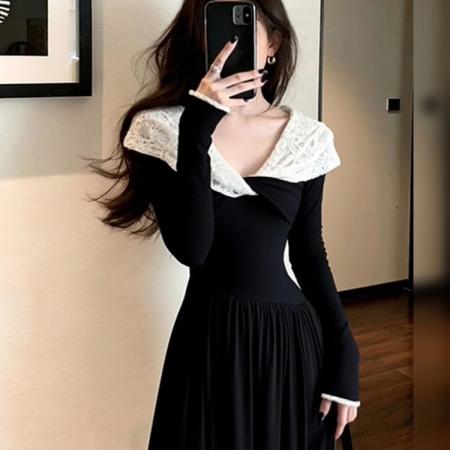 法式撞色一字肩黑色连衣裙女新款气质千金风露肩显瘦减  服裝批發女裝批發服飾貨源