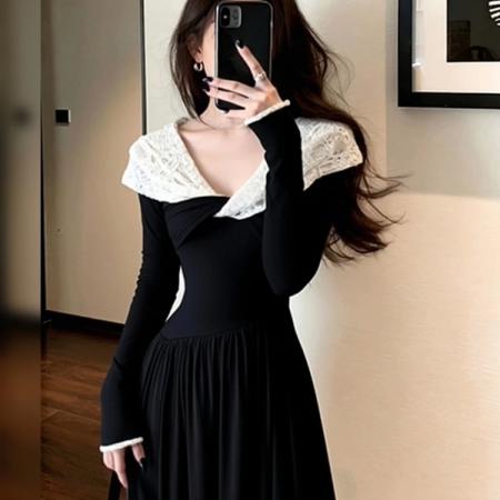 法式撞色一字肩黑色连衣裙女新款气质千金风露肩显瘦减  服裝批發女裝批發服飾貨源