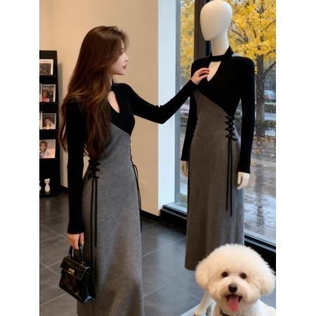 法式独特漂亮拼接连衣裙新款小众设计感气质名媛系带长裙  服裝批發女裝批發服飾貨源