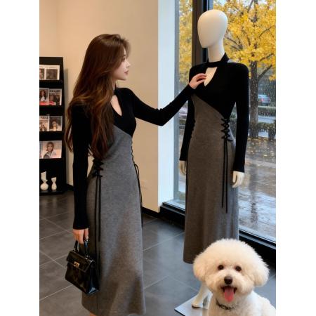 法式独特漂亮拼接连衣裙新款小众设计感气质名媛系带长裙  服裝批發女裝批發服飾貨源