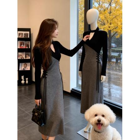 法式独特漂亮拼接连衣裙新款小众设计感气质名媛系带长裙  服裝批發女裝批發服飾貨源