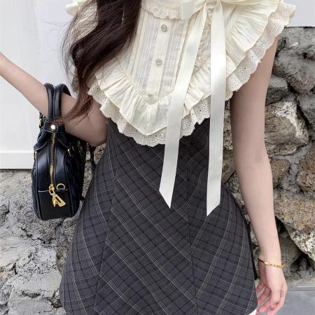 法式复古格纹假两件连衣裙女夏新款蕾丝拼接千金感无袖短裙子  服裝批發女裝批發服飾貨源