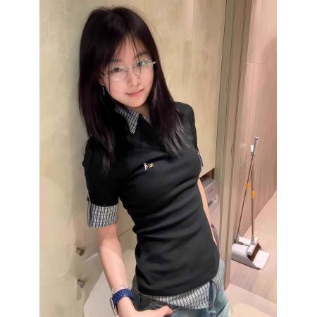 美式辣妹polo领格纹刺绣t恤...