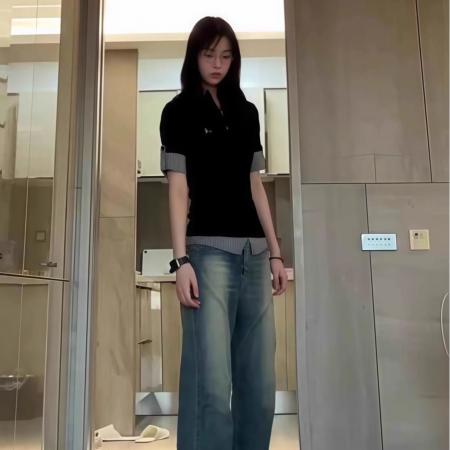 美式辣妹polo领格纹刺绣t恤夏季设计感假两件短袖上衣  服裝批發女裝批發服飾貨源