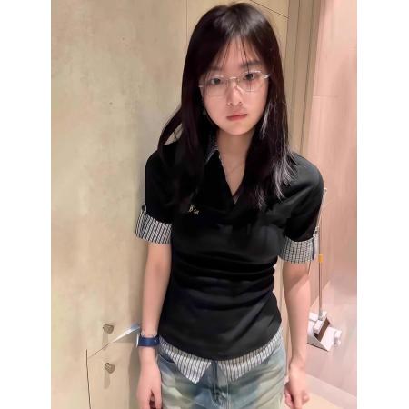 美式辣妹polo领格纹刺绣t恤夏季设计感假两件短袖上衣  服裝批發女裝批發服飾貨源