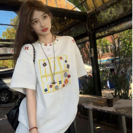字母刺绣纯棉夏季新款美式潮牌慵懒风休闲宽松百搭短袖T恤女上衣  服裝批發女裝批發服飾貨源
