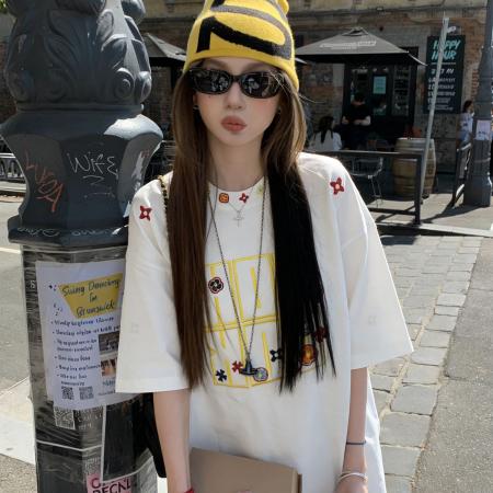 字母刺绣纯棉夏季新款美式潮牌慵懒风休闲宽松百搭短袖T恤女上衣  服裝批發女裝批發服飾貨源