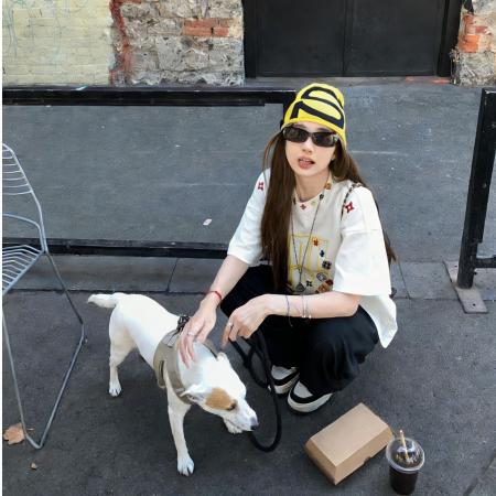 字母刺绣纯棉夏季新款美式潮牌慵懒风休闲宽松百搭短袖T恤女上衣  服裝批發女裝批發服飾貨源