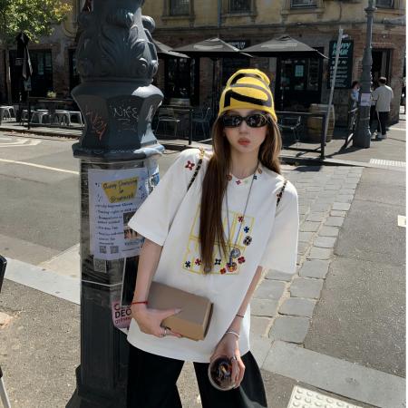 字母刺绣纯棉夏季新款美式潮牌慵懒风休闲宽松百搭短袖T恤女上衣  服裝批發女裝批發服飾貨源