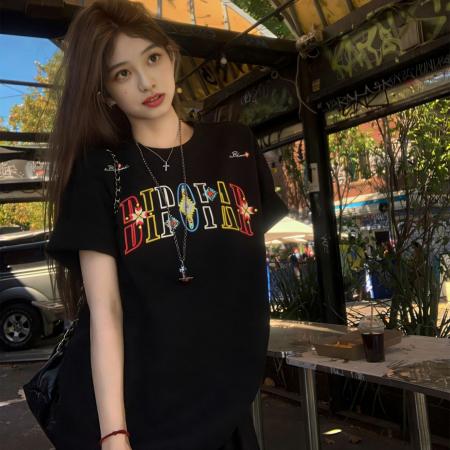 简约字母刺绣纯棉短袖T恤女夏季新款重磅百搭设计上衣  服裝批發女裝批發服飾貨源
