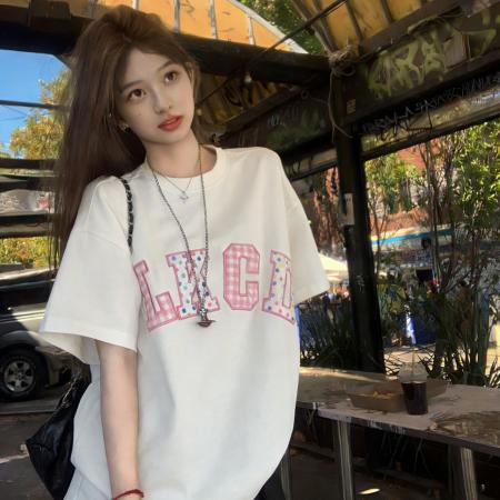 字母贴布刺绣设计感纯棉圆领短袖T恤女夏季新款韩版上衣  服裝批發女裝批發服飾貨源