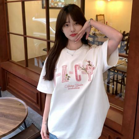 字母刺绣设计感纯棉美式小香风夏季新款小众潮牌短袖T恤女上衣  服裝批發女裝批發服飾貨源