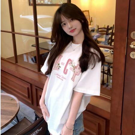 字母刺绣设计感纯棉美式小香风夏季新款小众潮牌短袖T恤女上衣  服裝批發女裝批發服飾貨源