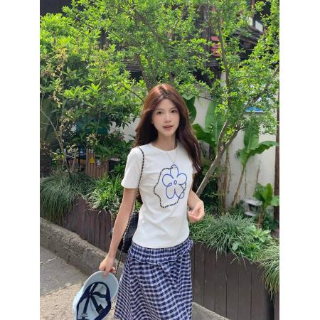 韩版纯棉正肩短袖新款夏季修身显瘦上衣  服裝批發女裝批發服飾貨源