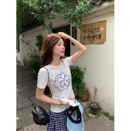 韩版纯棉正肩短袖新款夏季修身显瘦上衣  服裝批發女裝批發服飾貨源