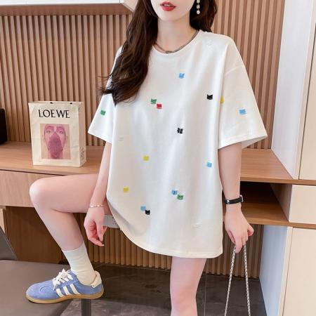 纯棉食毛/后包领重工彩色绣花短袖t恤女宽松潮牌上衣  服裝批發女裝批發服飾貨源