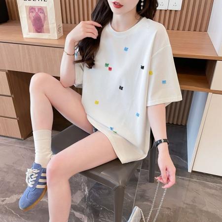 纯棉食毛/后包领重工彩色绣花短袖t恤女宽松潮牌上衣  服裝批發女裝批發服飾貨源