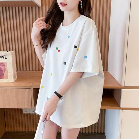 纯棉食毛/后包领重工彩色绣花短袖t恤女宽松潮牌上衣  服裝批發女裝批發服飾貨源