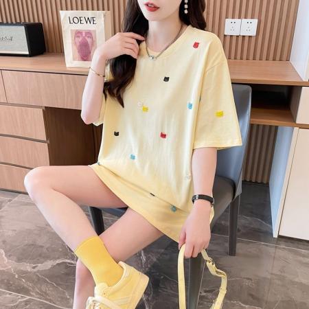 纯棉食毛/后包领重工彩色绣花短袖t恤女宽松潮牌上衣  服裝批發女裝批發服飾貨源