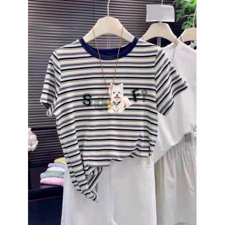 原版面料特大码300斤拼色条纹短袖T恤女夏装新款  服裝批發女裝批發服飾貨源