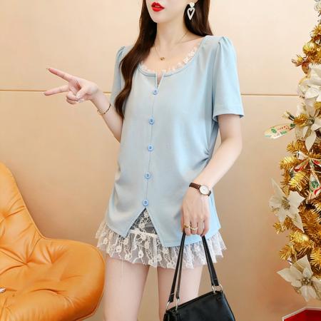 棉夏季宽松纱网拼接假两件T恤女显瘦体恤上衣  服裝批發女裝批發服飾貨源