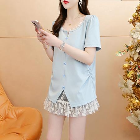 棉夏季宽松纱网拼接假两件T恤女显瘦体恤上衣  服裝批發女裝批發服飾貨源