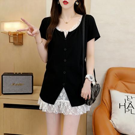 棉夏季宽松纱网拼接假两件T恤女显瘦体恤上衣  服裝批發女裝批發服飾貨源