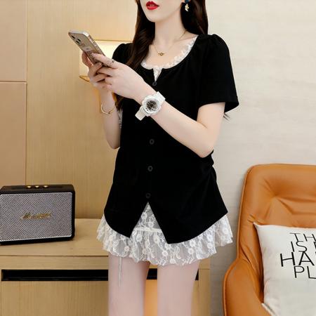 棉夏季宽松纱网拼接假两件T恤女显瘦体恤上衣  服裝批發女裝批發服飾貨源