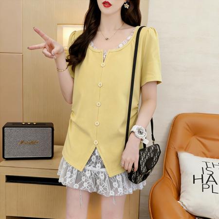 棉夏季宽松纱网拼接假两件T恤女显瘦体恤上衣  服裝批發女裝批發服飾貨源