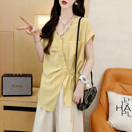 棉夏季薄款宽松系带不规则短袖衬衫女衬衣  服裝批發女裝批發服飾貨源