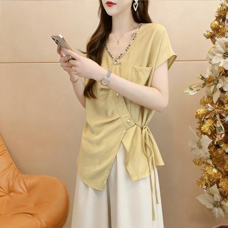 棉夏季薄款宽松系带不规则短袖衬衫女衬衣  服裝批發女裝批發服飾貨源