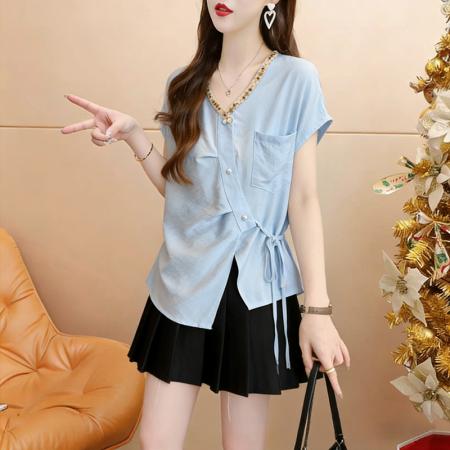 棉夏季薄款宽松系带不规则短袖衬衫女衬衣  服裝批發女裝批發服飾貨源