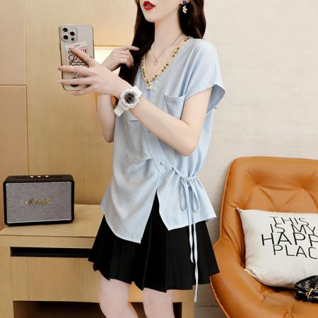 棉夏季薄款宽松系带不规则短袖衬衫女衬衣  服裝批發女裝批發服飾貨源