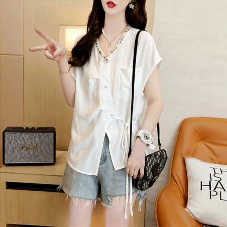 棉夏季薄款宽松系带不规则短袖衬衫女衬衣  服裝批發女裝批發服飾貨源