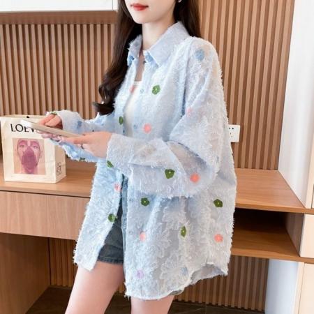 原版面料抖音质量中长款薄款开衫防晒衬衫流苏刺绣提花外套  服裝批發女裝批發服飾貨源