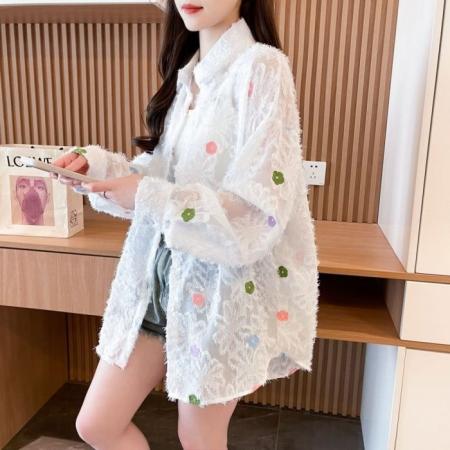 原版面料抖音质量中长款薄款开衫防晒衬衫流苏刺绣提花外套  服裝批發女裝批發服飾貨源