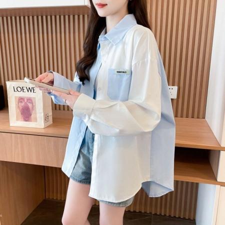 纯棉原版面料做法减龄拼色POLO领开衫防晒衣长袖衬衫外套女  服裝批發女裝批發服飾貨源