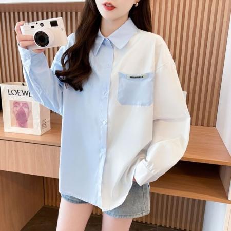 纯棉原版面料做法减龄拼色POLO领开衫防晒衣长袖衬衫外套女  服裝批發女裝批發服飾貨源