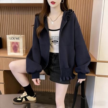 曼巴棉涤纶春季薄款连帽卫衣宽松显瘦休闲外套女  服裝批發女裝批發服飾貨源