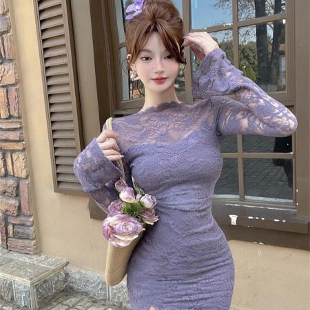 气质名媛透视性感蕾丝修身喇叭袖连衣裙纯欲辣妹包臀裙  服裝批發女裝批發服飾貨源
