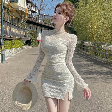 气质名媛透视性感蕾丝修身喇叭袖连衣裙纯欲辣妹包臀裙  服裝批發女裝批發服飾貨源