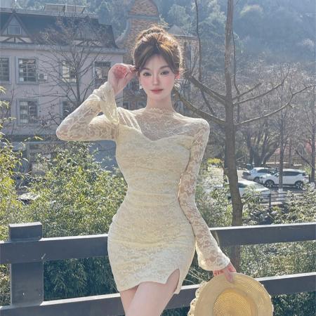 气质名媛透视性感蕾丝修身喇叭袖连衣裙纯欲辣妹包臀裙  服裝批發女裝批發服飾貨源